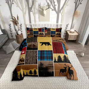Feelyou Plaid Bear Cabin Comforter Set - Rustic Farmhouse Camper Bedding with Microfiber Filling, Woodland Lodge Duvet Insert for Kids Boys