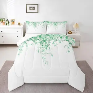 Mint Green Eucalyptus Comforter Set,Watercolor Plant Leaves Bedding Set,Modern Minimalist Stylish Insert Kids Teens Adult Women,Natural Duvet