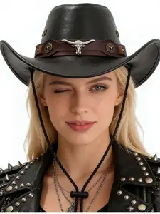 Unisex Western PU Leather Cowboy Hat, Fashion Metal Bull Head Design, Bold Metal Accents, Vintage Arc Belt Buckle, Performance Costume Cap