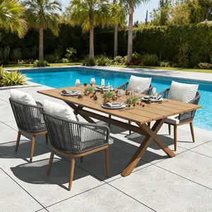 LayinSun Outdoor Patio Dining Set, 80 inchs Aluminium Rectangular Dining Table and Wicker Rattan Chairs Set for Outside Backyard, Poolside