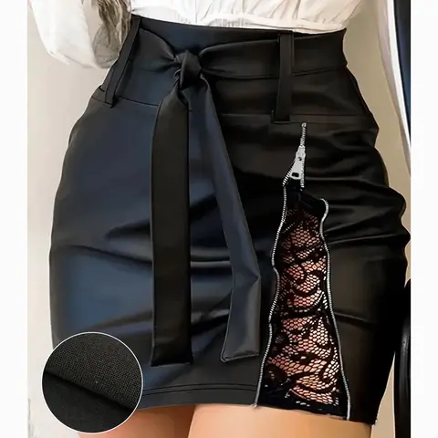 Aswulk Women's Solid Color Lace Patchwork Skirt with Zipper Fashionable Bow Belt Mini Skirt for Daily Outdoor Wear, Ladies Bottoms for Spring & Fall