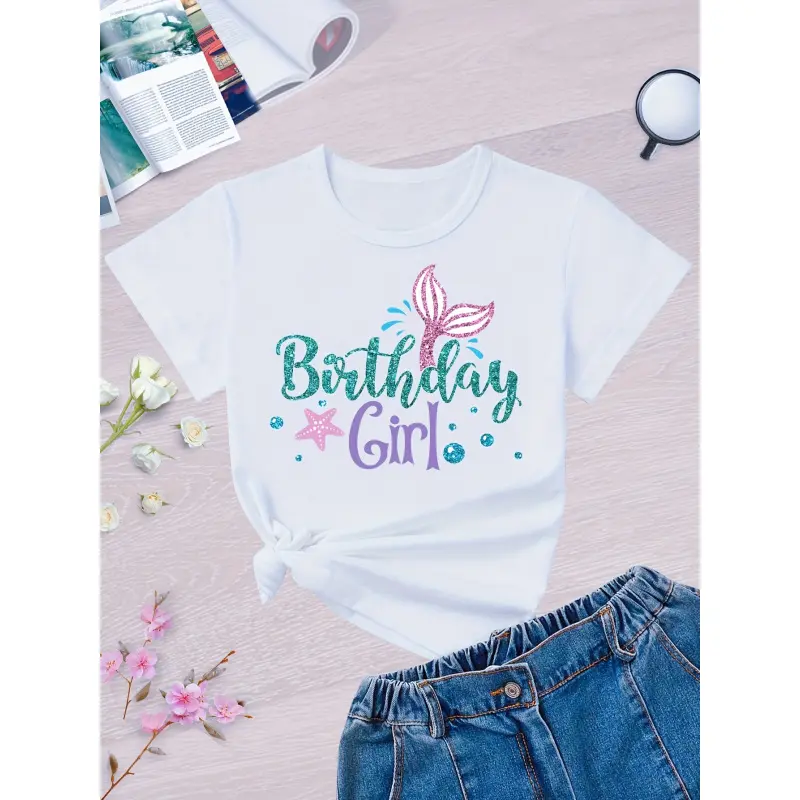 Girls' Mermaid Tail Print Short-Sleeve T-Shirt, Character-Themed Cute Children's Party Outfit for Birthday Celebrations, Character-Themed Girls' T-Shirts, Cute Girls' T-Shirts