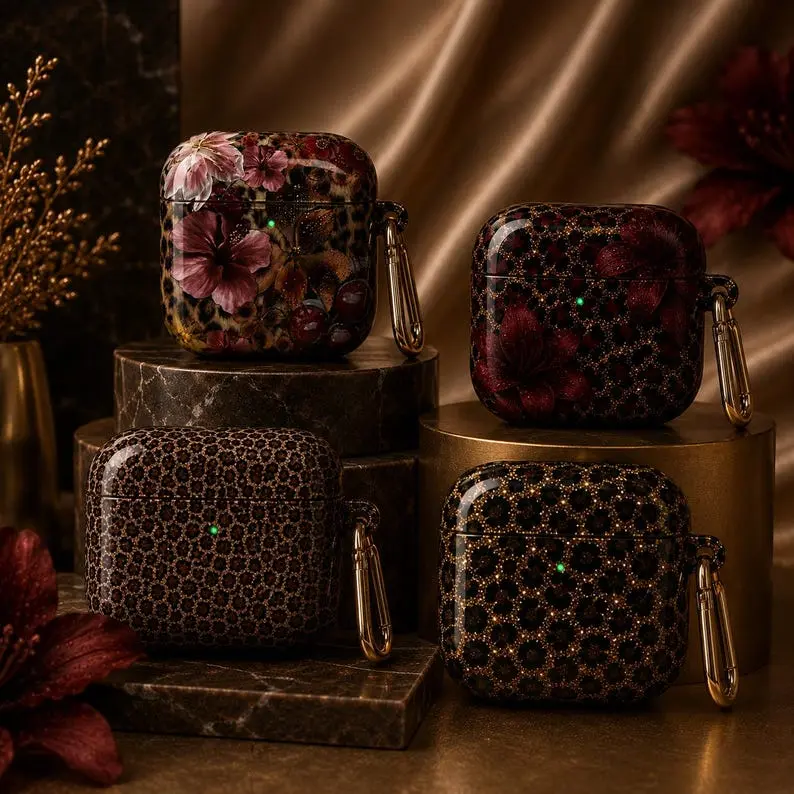 Luxury Floral Leopard AirPods Case, Gold Glitter AirPods Pro 2 Case, Elegant Protective Cover with Keychain, Gift for Women