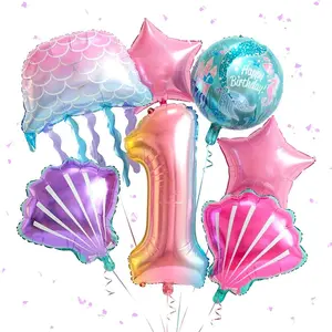 7Pcs Mermaid Birthday Balloons Gradient Number Foil Balloon Kit for Girls 1st Birthda Party Pink Baby Shower Decoration Supplies