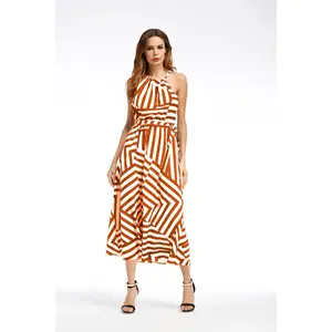 Ladies Printed Loose Dress With Suspenders And Large Swing Skirt - Sleeveless Sling Style Summer Casual 100% Polyester Fiber Long Skirt