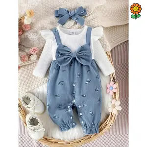 DZP-Girls' Cute Floral Bow Bodysuit with Flutter Sleeves and Hair Accessory, P101772, Perfect for Outdoor Letter Print Baby Romper Set Pajama Sweatshirt Dress Light Up Costume Girls suit Light-Up black fits star top tee baggy pants ripped jeans purple Clo