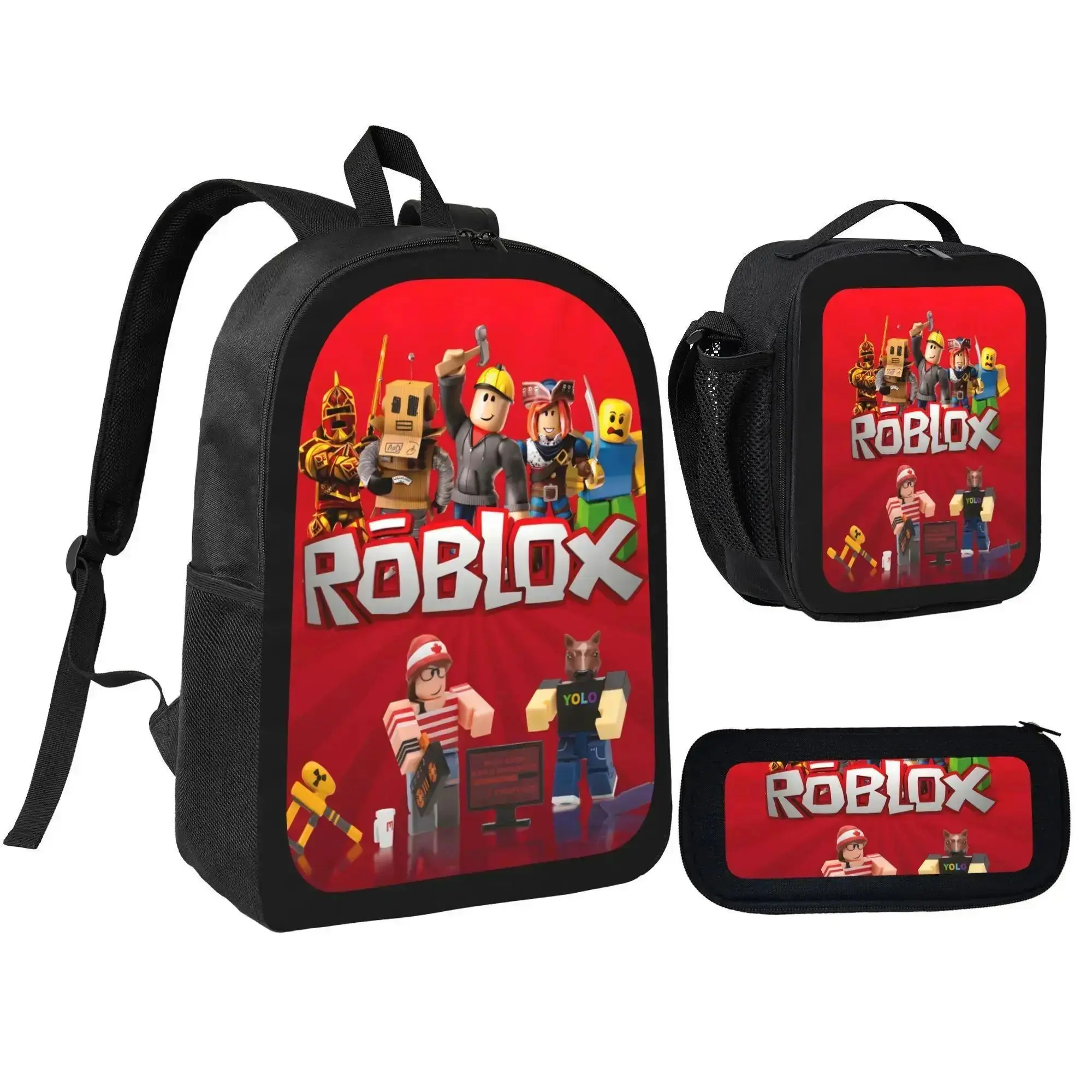 Unisex Roblox Print 3-in-1 School Backpack Set for Kids - Childrens Bookbags with Lunch Box & Pencil Case, 600D Oxford Cloth, Lightweight, Large Capacity, Adjustable Straps, Comfortable Mesh Back Cushioning