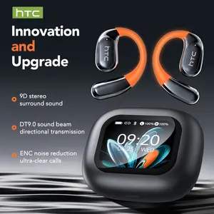 HTC NE27 Open-Ear True Wireless Bluetooth Headphones with Microphone, LED Display Earbuds with Earhooks, Sweat Resistant, 48HRS Playtime, Compatible with iPhone & Android, Black