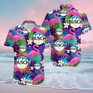 Busch Beer Flamingo Hawaiian Shirt for Men, Button Down Summer Beach Short Sleeve, Hawaiian Shirt Casual Tropical Menswear Top