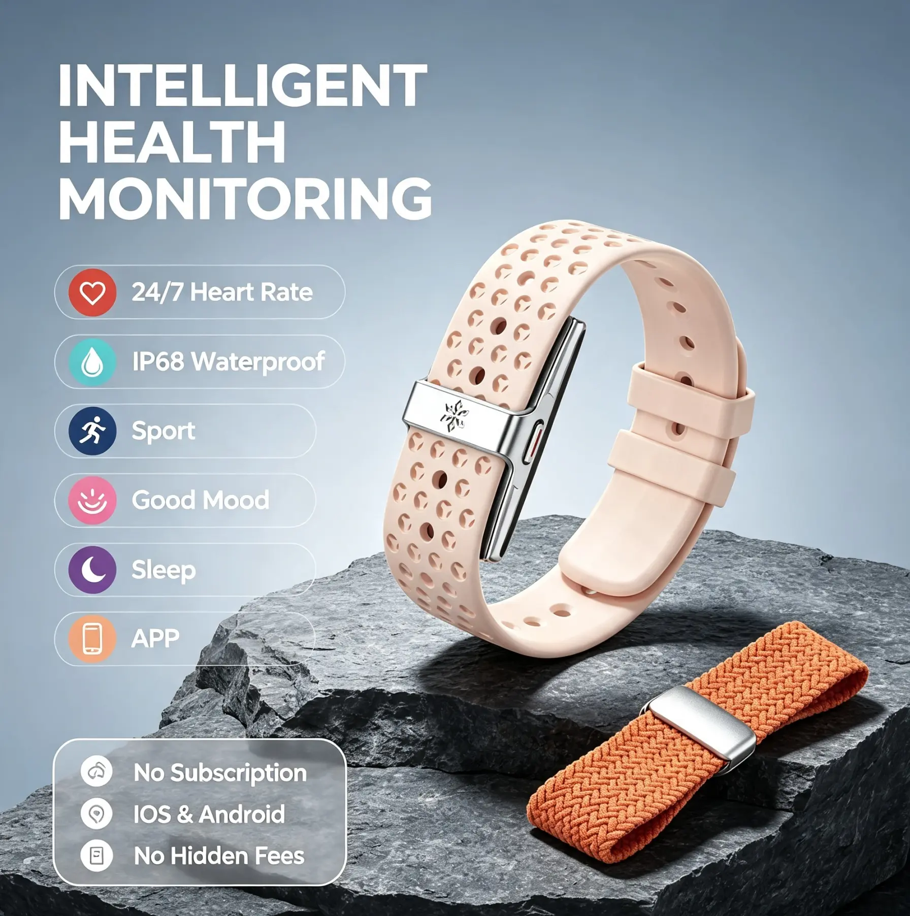 Screen-Free Fitness Tracker for Men and Women - IP68 Waterproof Wearable Band with 24/7 Heart Rate & SpO2 Monitoring, Sleep & Stress Tracking, 100+ Sports Modes, No Subscription Fees, Compatible with iOS & Android Smartphones | Ideal Gifts for Men & Women