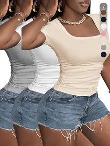 Women's Solid Color Square Neck Tee, Casual Basic Short Sleeve T-shirt for Summer, Ladies Clothes for Daily Wear, Top, Casual Chic Minimalist