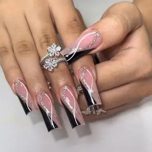 Glossy Rhinestone Decor Colorblock Pattern Handmade Press On Fake Nails Wedding Nails with Tape & Nail File, 24pcs/set Artificial Full Covers Nail Art Kit for Women & Girls