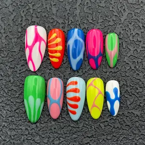 VIBRANT SUMMER | Colorful Abstract 3D Swirl Press On Nails | Neon Pop Art Fake Nails | Psychadelic Maximalist Aesthetic | Custom Handmade Almond Set 2026