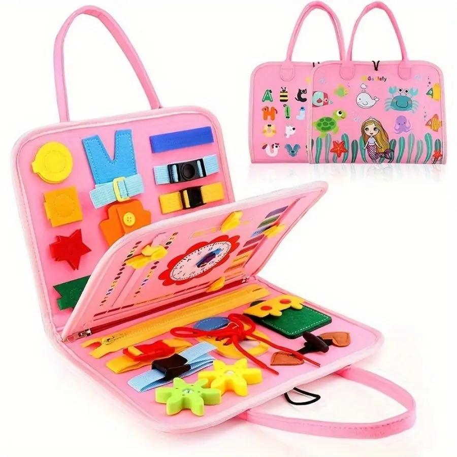 Busy Board for Toddlers, Developmental Activity Board, Montessori Sensory Activity Board with Zipper, Buckles & Alphabet, Portable Travel Educational Toy, Birthday Christmas Easter Gift for Kids