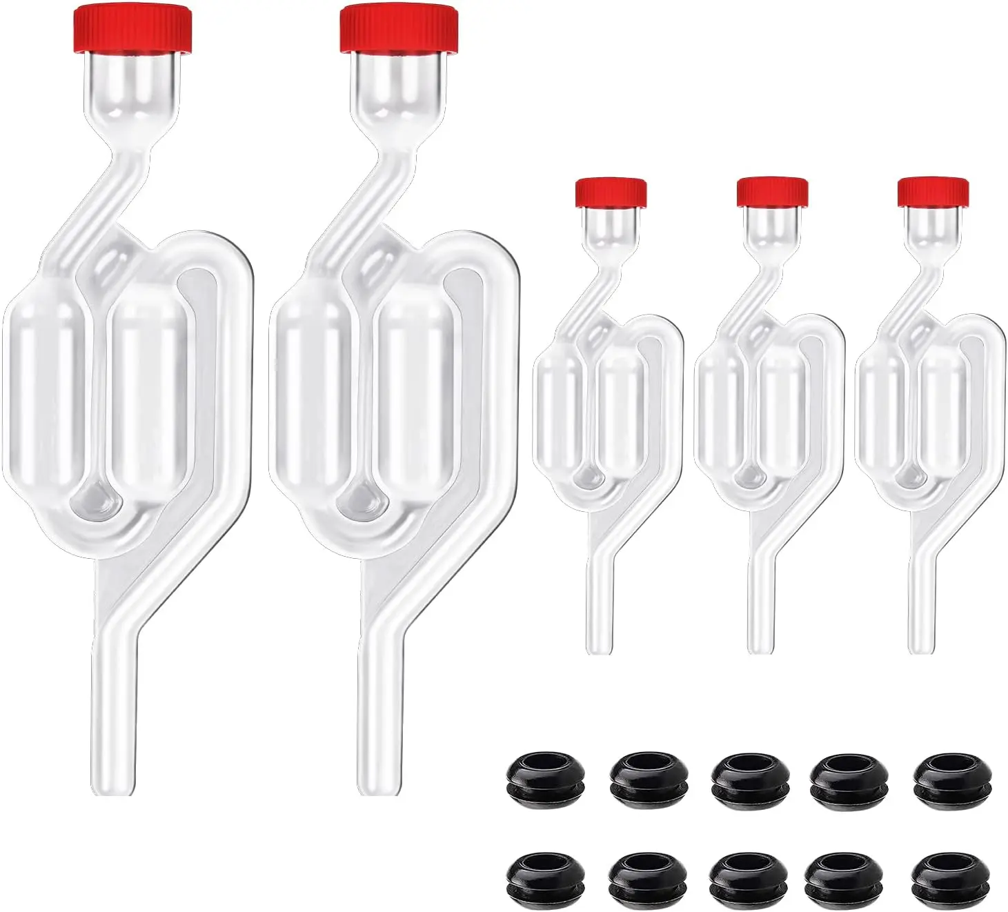 5 Pack Fermentation Airlock,Twin Bubble Fermenting Improved High Transparency S Shape with 10pcs Grommets Drilled 3/8’’ Hole