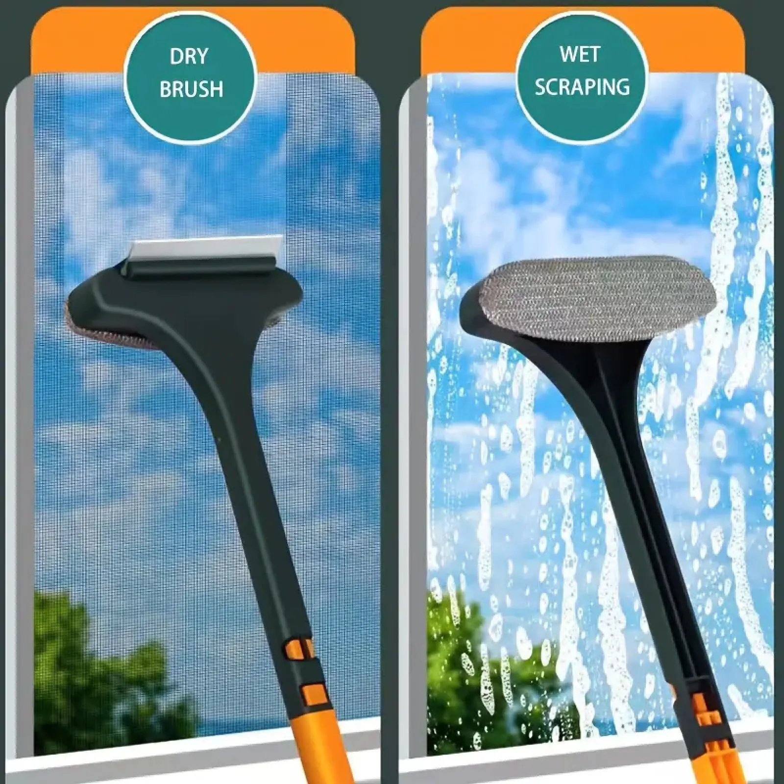 2-In-1 Dual-Sided Window Screen Cleaning Brush with Scraper & Long Handle, Dry/wet Use Glass Cleaner, Window Cleaning Tool, Ideal Christmas Gift