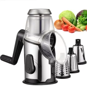 Kitchen Rotary Cheese Grater with Handle -Mandoline Slicer with 3 Stainless Steel DrumBlades-Vegetable Slicer Walnuts Grinder Cheese ShredderRound Mandoline with Peeler, Christmas Gift in Black Friday