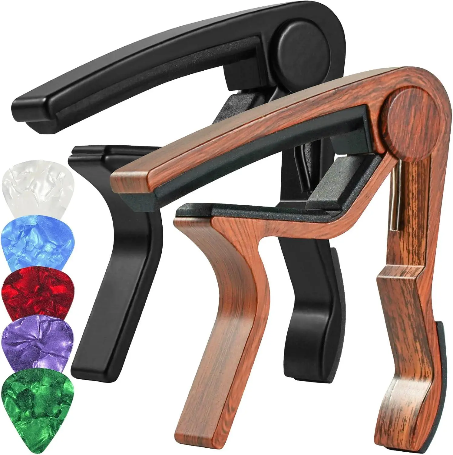 Guitar Capo for Acoustic & Electric Guitars 2 Pack - High-Density Aluminum Alloy & Thick Silicone Pad - No Buzz, Clear Tone, Easy Clip-On Design - Includes 5 Medium Picks