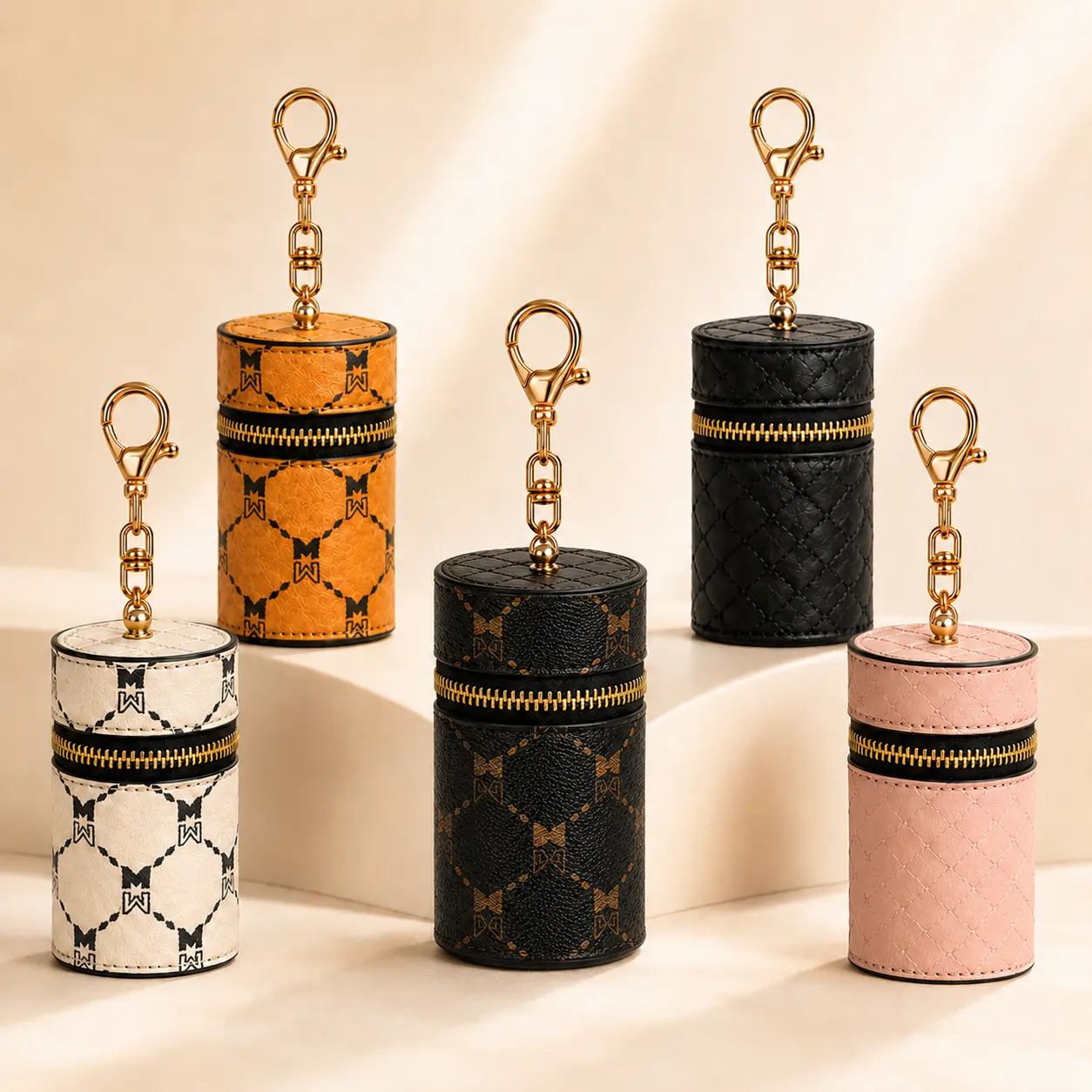 Women's Quilted PU Leather Purse Charm Keychain Mini Beauty Pouch - Zippered, Small Size, Attach Easily, Secure Storage Case for Lip Gloss & Small Essentials, Compact Handbag Accessory for Travel & Everyday Carry