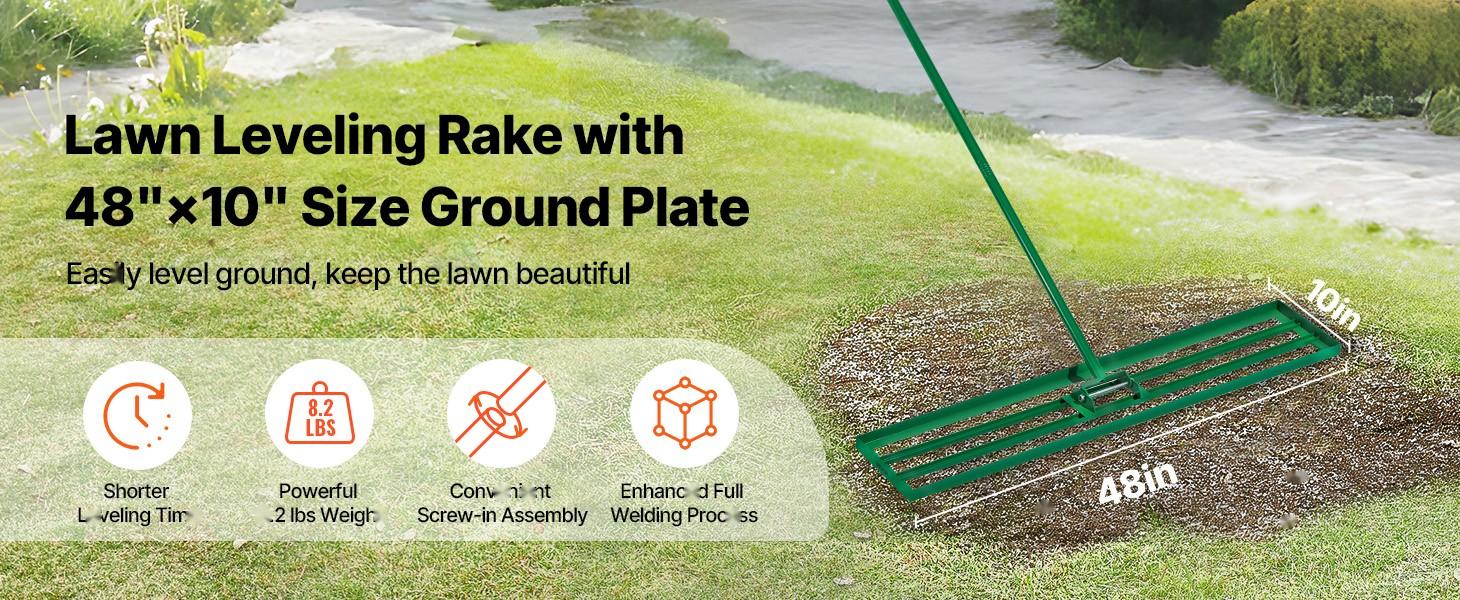Lawn Leveling Rake 48" x 10" Heavy-Duty Level Lawn Tool With 78" Steel Extended Handle, Yard Leveler For Garden, Golf Lawn, Farm, Patio And Landscaping Projects, Durable Construction For Even Ground And Easy Leveling