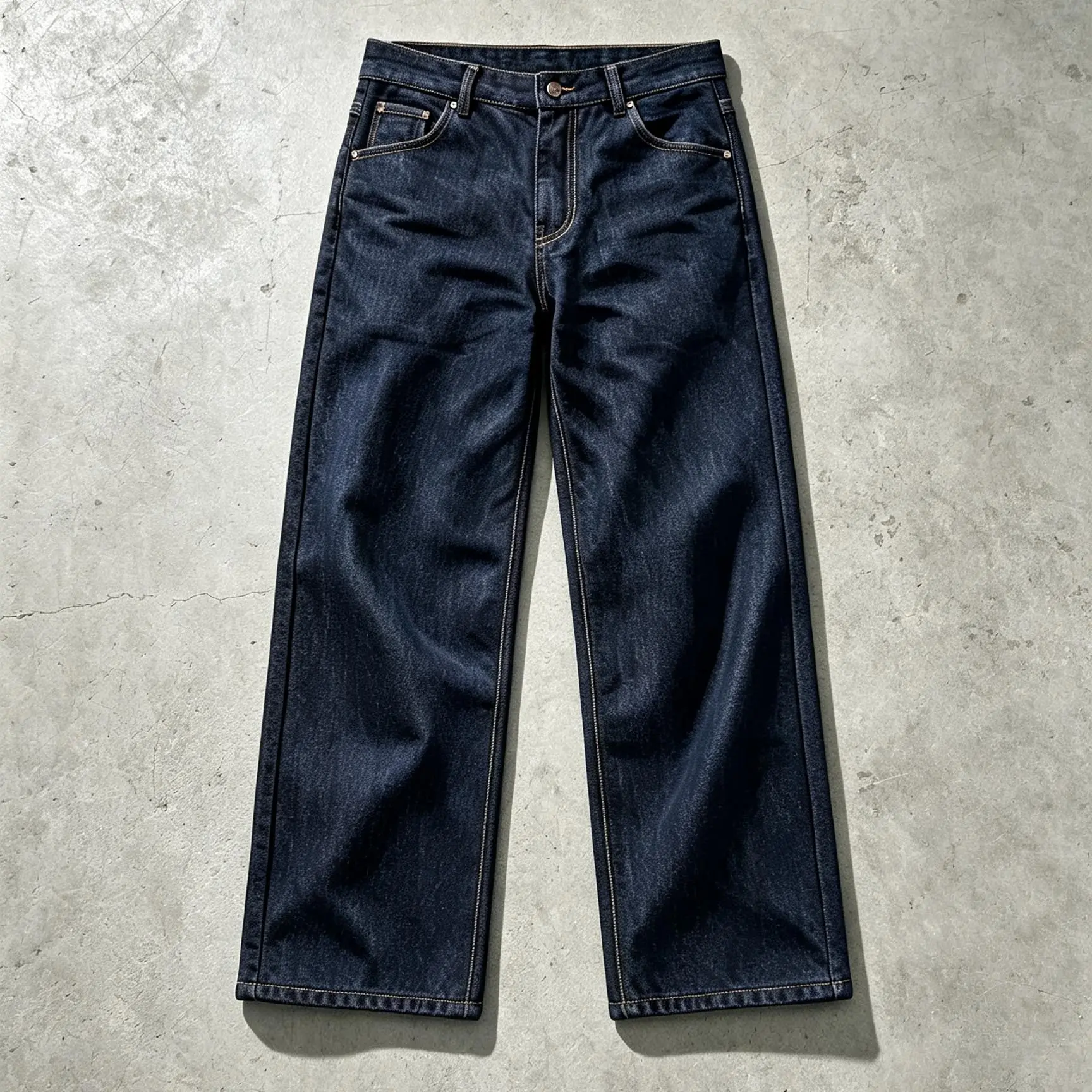 Men's Dark Raw Denim Wide Leg Jeans, Classic High Waist Loose Straight Baggy Denim Pants with Vintage Stitching Detail, Casual Streetwear Non-Stretch Raw Blue Jeans for Daily Outfits