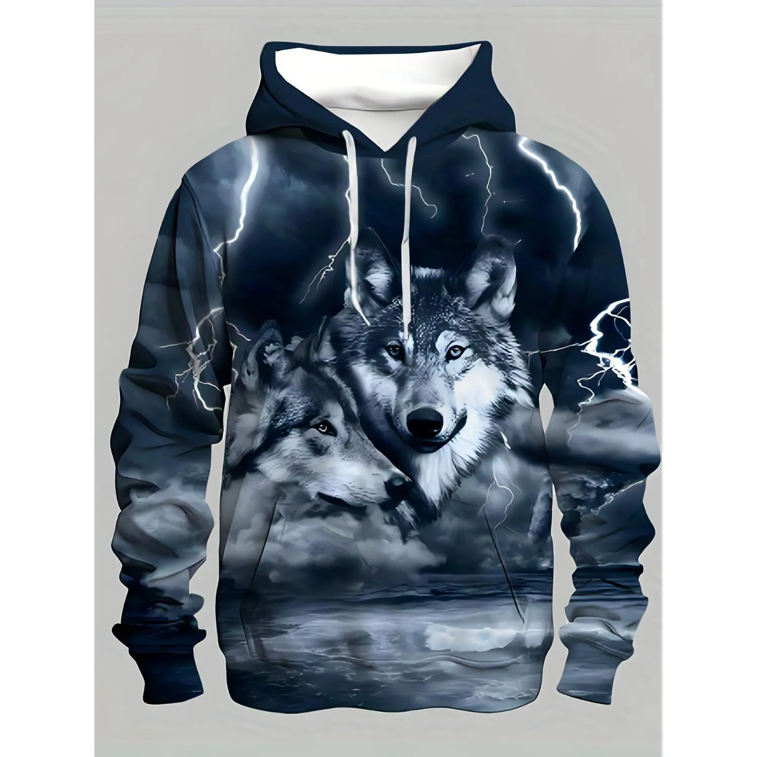 [Perfect Gift] Trendy Digital Print Hoodie - 3D Lightning Moonlit Wolf Design, Stylish Long Sleeves for Easy Autumn and Winter Wear, Ideal for Outdoor Activities