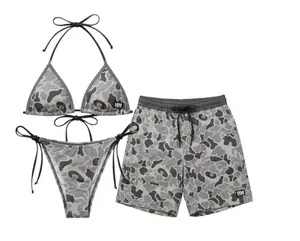 Grey Camo Couple Swimsuit Collection - Aesthetic Camouflage Triangle Bikini & Swim Trunks Set | Perfect Beach Party Wear, Trendy Summer Vacation tiktokshopspringglowup