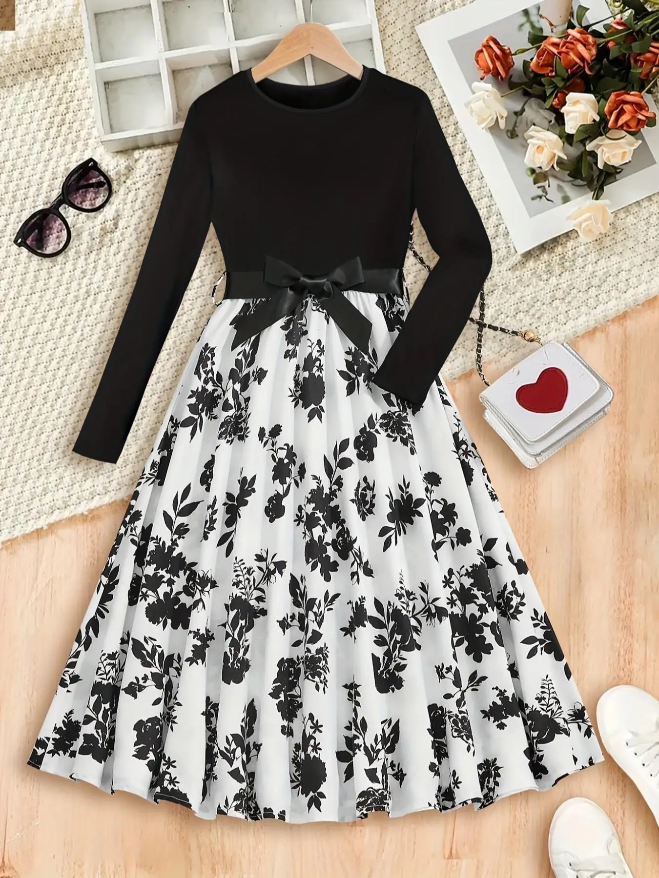 Girl's Colorblock Floral Print Bow Decor Dress, Casual Long Sleeve Round Neck Knit Dress for Spring & Fall, Kids Clothes for Daily Wear