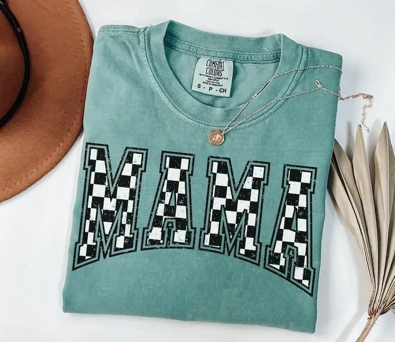 Comfort Colors Checkered Mama Shirt Gift for Mom, Retro Mom Tee, Mother's Day Gift, Vintage Checkered Mama Tshirt, Varsity Mom Sweatshirt
