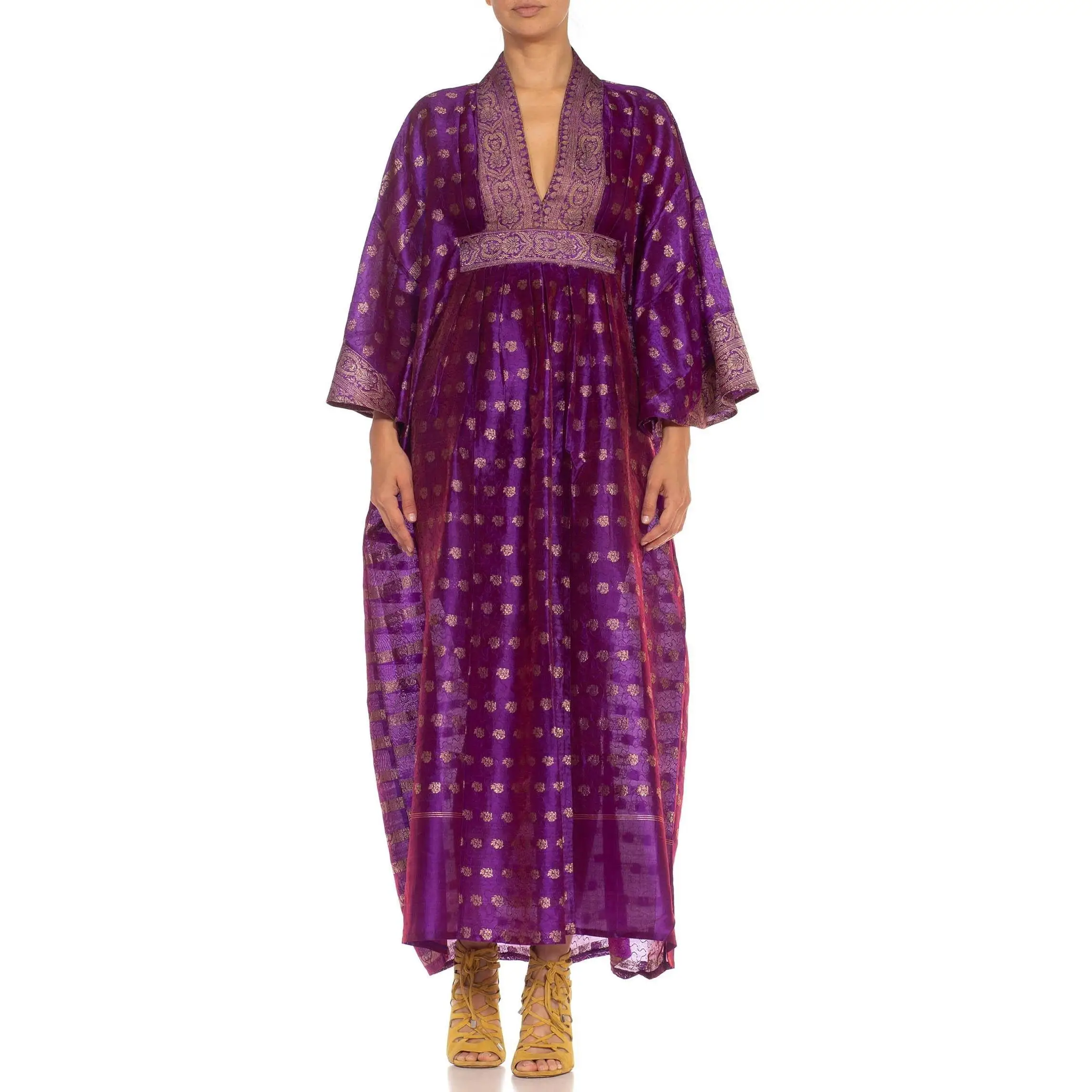 MORPHEW COLLECTION Purple & Gold Silk Kaftan Made From Vintage Saris