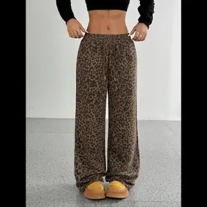 Women's Leopard Print Wide Leg Pants, Elastic Drawstring Waist, Side Pocket Design, Casual Loose Fit Woven Fabric for All Seasons, Womenswear（gift）