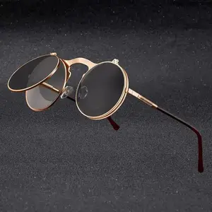 Vintage Steampunk Flip Sunglasses, Retro Round Metal Frame Gothic Eyewear