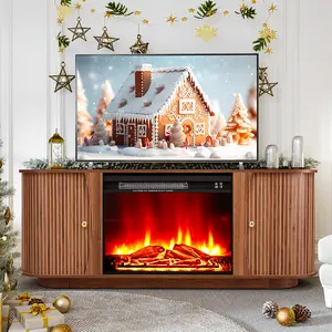 Giratree Modern Fireplace TV Cabinet with 23" Built-in Fireplace, Curved Edge Media Console for TVs up to 75", Stylish Wood Entertainment Center for Living Room
