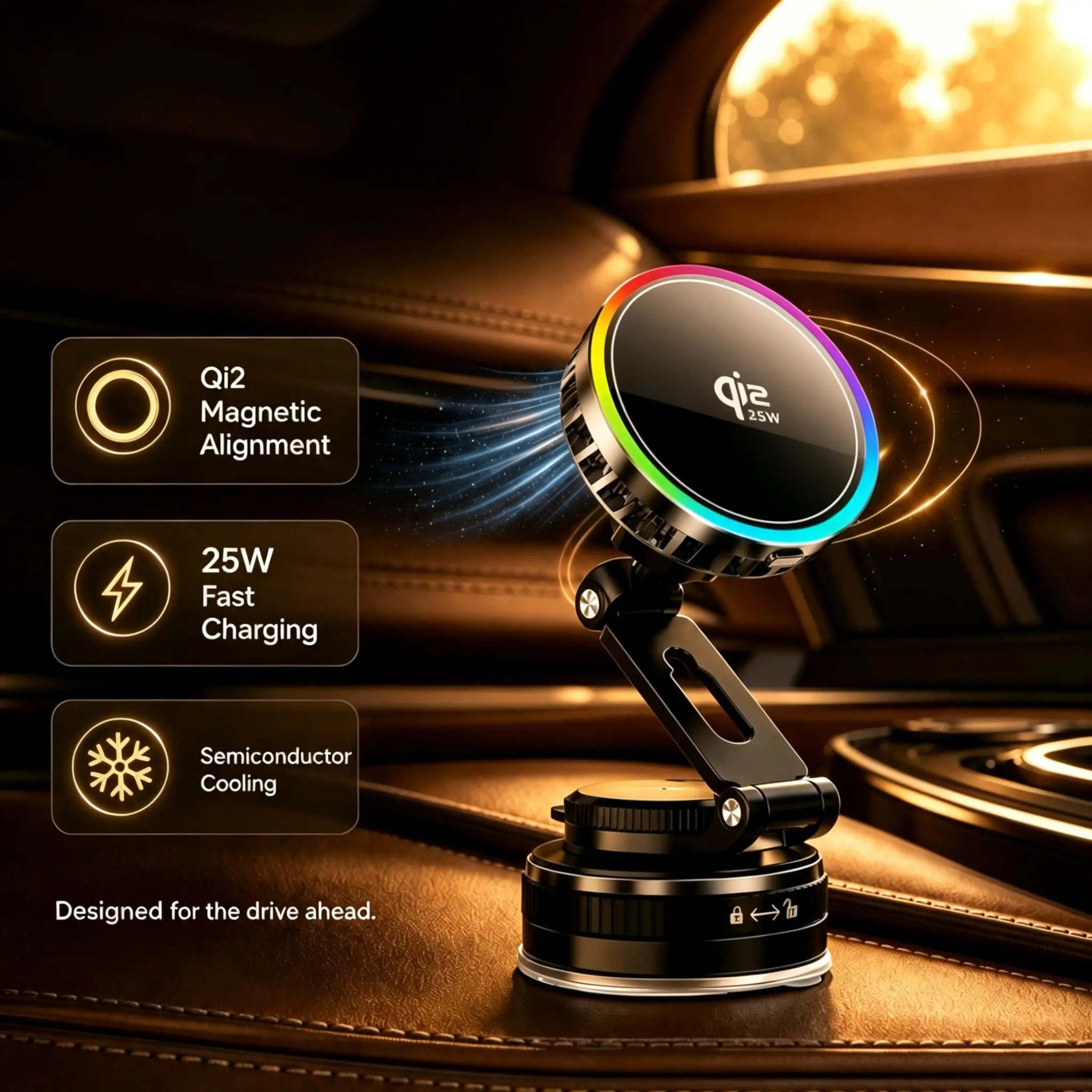 Qi2.2 25W Magnetic Wireless Fast Charger with Cooling Fan - Zinc Alloy Magnetic Phone Mount, Strong Vacuum Suction Dash Holder, RGB Lights, 720° Foldable Rotation, Quick Setup for iPhone 13-17 MagSafe Smartphones