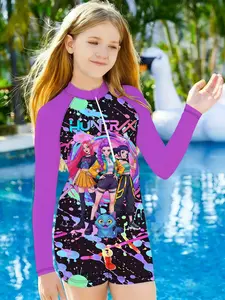 Girls Kpop Idol Series Long Sleeve Jumpsuit, Spring Summer Quick-Dry Swimwear, 3D Cute Cartoon Full Print, Beach Vacation Clothes