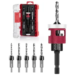 Countersink Drill Bit Set - 5 count Countersink Drill Bit with Low Friction Depth Stop, Replaceable HSS M2 Tapered Bits, Carbide Drill Bits 1/4" Hex Shank for Woodworking Tools & Hand Tools