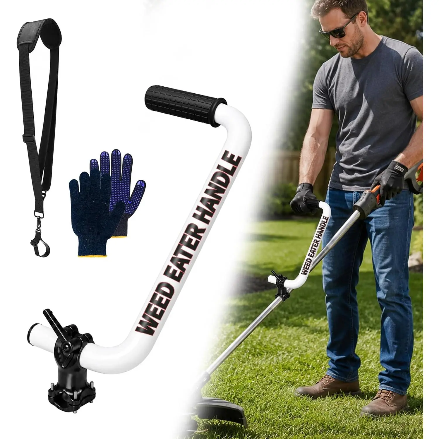 Weed Eater Handle, String Weed Trimmer Handle with  Strap, Weedeater Handle Extension  Saver,  Weed Wacker Grip for Lawn Care, Landscaping, Grass, Yard, White