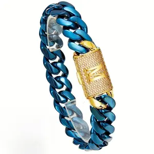 Blue & Gold Miami Cuban Bracelet Personalized Fashionable Jewelry| 14mm7.5/8.5in with Gold Charactor A-Z Diamond Clasp Letter| Industrial Jewelry for Goth/Punk/Hip Hop, Edgy Gift Trendy and Stylish Accessory for Daily Wear and Gifts