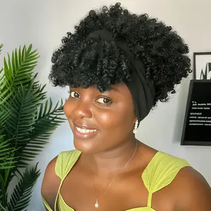 TwiceBeauty 8inch Afro Headband Wig Drawstring Synthetic Short Afro Kinky Curly Wig with Bangs 2 in 1 Head Wrap Wig with Headband Attached Turban Wig for Black Women