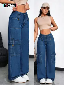 Women's Stretchy Multi-Pocket Jeans Pants, Fitted Straight Leg Denim Jeans, Casual Street Style, Streetwear, All Seasons, Elegant Design