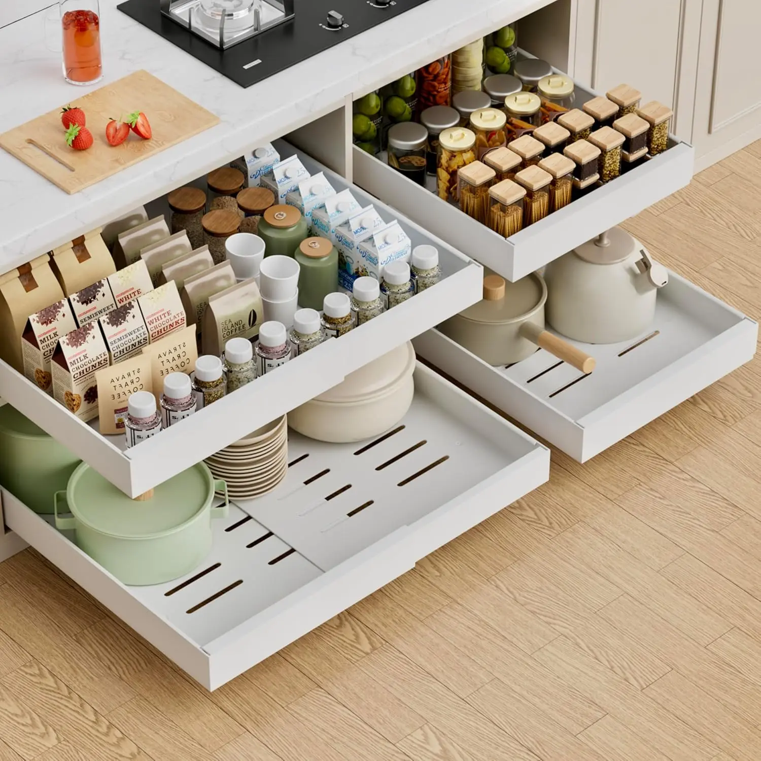 4 Pack Expandable Pull Out Cabinet Organizer,21" Deep |   Pull Out Drawers for Cabinets with width from 12" to 20",Sliding Drawers for Cabinets with Upgrade 3 Slide Rails,hold 65 lbs