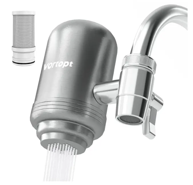 Vortopt Stainless Steel Faucet Mount Water Filter for Kitchen Sink, 500-Gallon Carbon Block Filtration System with Dual Water Modes, T2-ACF System or Replacement Filter