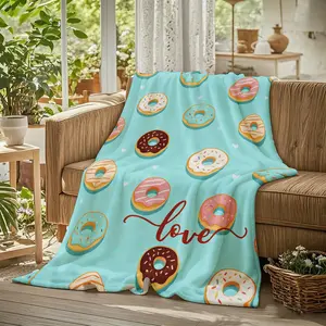 Cute Donut Love Heart Pattern Blanket, 1 Count Soft Warm Flannel Throw Blanket, Cozy Nap Blanket for Home Office Travel