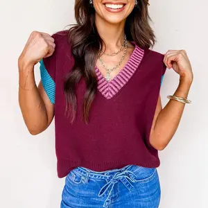 Women's Purple Contrast Trim V Neck Cuffed Short Sleeve Casual Loose Sweater