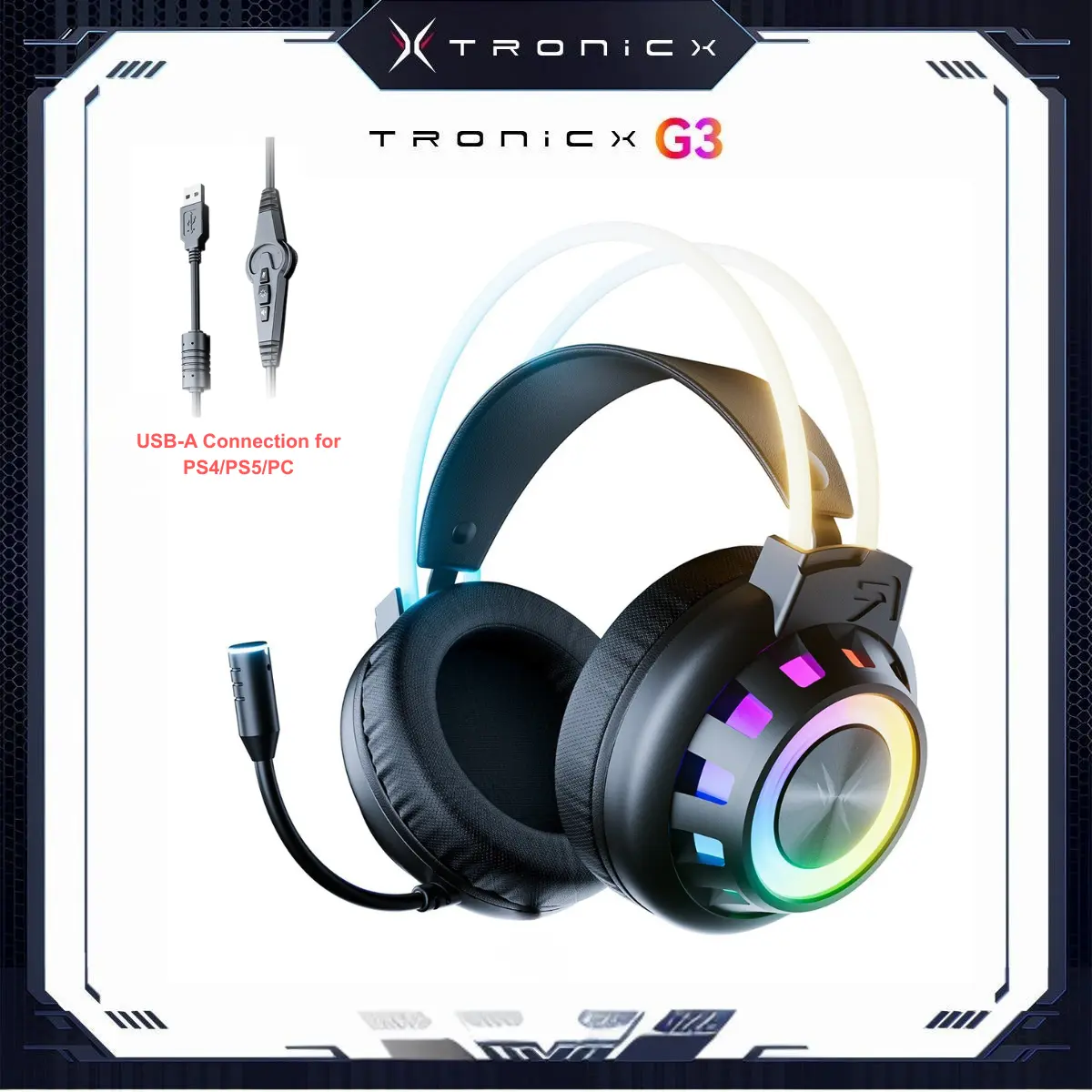 [Summer Wins] TAGRY TRONICX Immersive G3 Wired PC Gaming Headset Gamer Gifts for him with 50mm Driver, Noise Cancelling Mic, USB-A Headset with 7.1 Surround Sound, Control Box for Xbox/PC/PS5 Console/Switch Dock Mode Gaming Console
