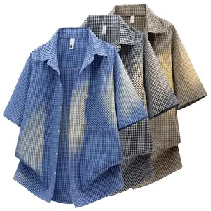New summer American plaid retro loose drop-shoulder short-sleeve cardigan—thin, textured, breathable casual lapel style with a relaxed vibe; ideal for commuting, everyday wear, and vacations.