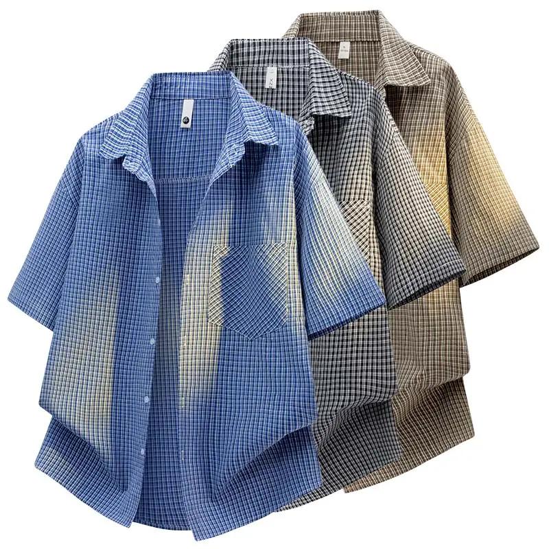New summer American plaid retro loose drop-shoulder short-sleeve cardigan—thin, textured, breathable casual lapel style with a relaxed vibe; ideal for commuting, everyday wear, and vacations. summervibes Outfit Shirts