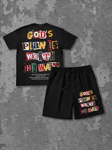 Men's Short Sleeve T-Shirt and Shorts Set, Fitted Elastic Colorful Letter Graphic Print Fashion for Casual, Sport and Street Style
