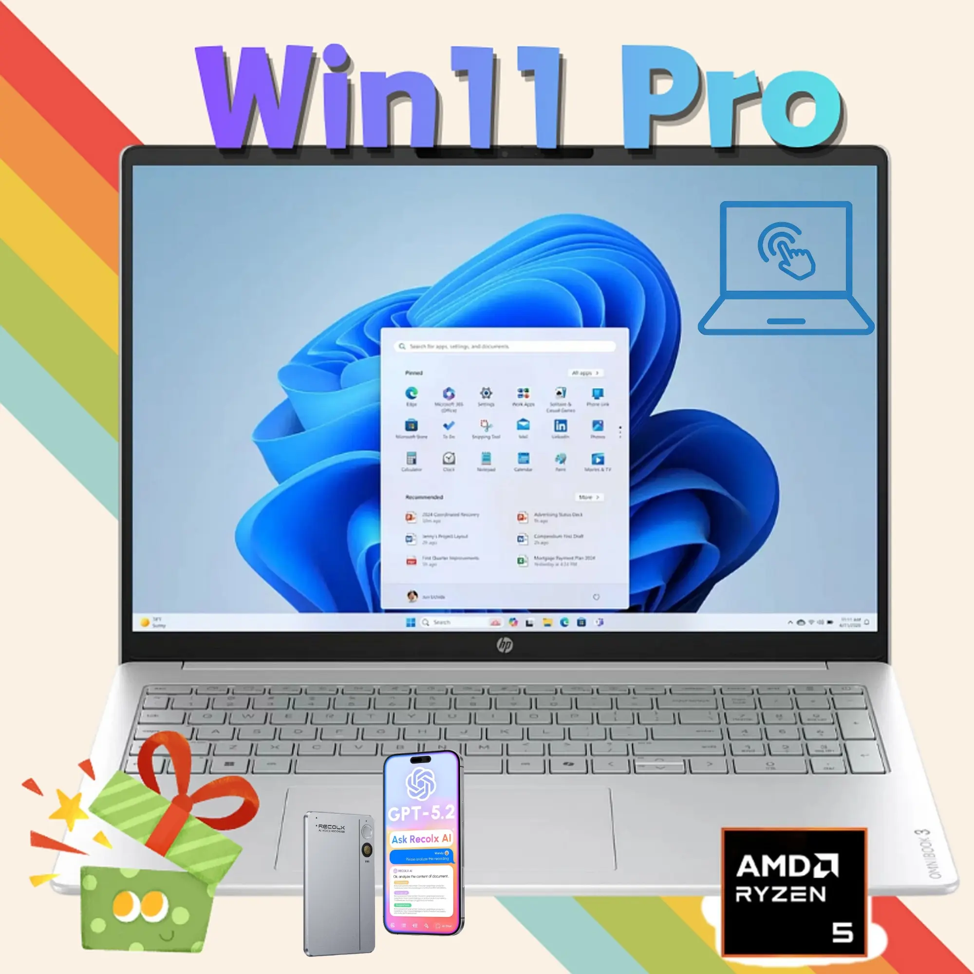 HP OmniBook 2026 Edition Laptop Computer - 16in 2K IPS Screen Touchscreen, Copilot AI Powered, AMD Ryzen 5, Up to 8GB RAM, 512GB SSD, Radeon 610M Graphics, FHD Webcam, Windows 11 Pro, Business/Student 2-in-1 Notebook, d1523, Accessory Bundle Included