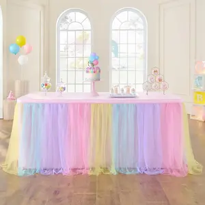 72in Rainbow Tulle Table Skirts for Rectangle Tables 6/4ft, 2-Layer Pastel Color Unicorn Ruffle Tulle Tutu Cloth Table Skirt 6ft for Girl Birthday Party Baby Shower Cake Dessert(No Table Cover)